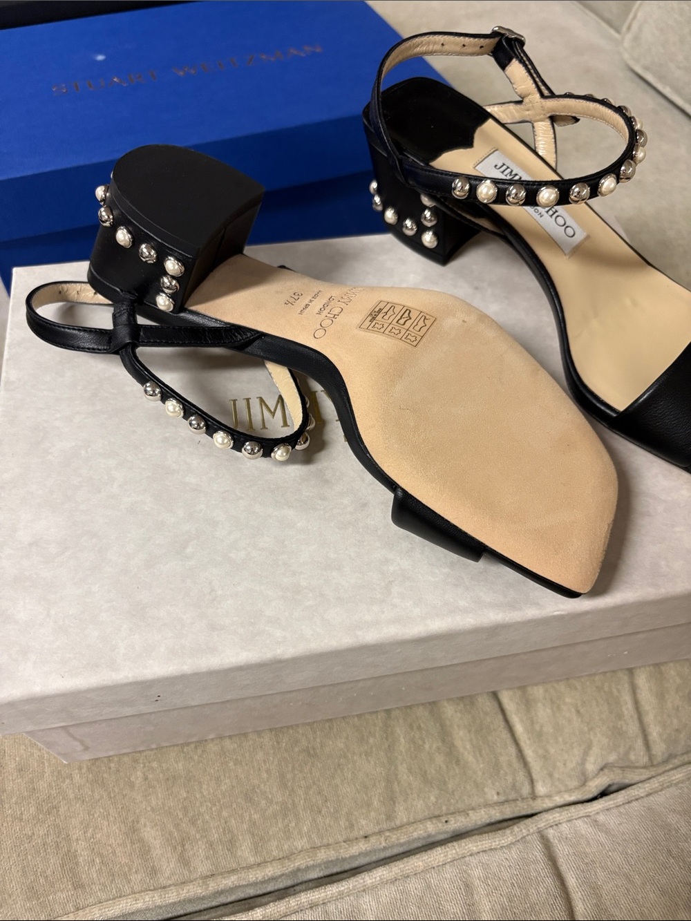 Jimmy Choo Black Pearl-Stud Ankle Strap Sandals - Picture 3 of 5